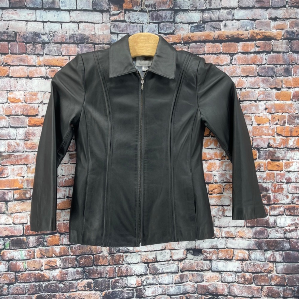 Jacqueline Ferrar Womens Medium Black Lambskin Leather Full Zip Jacket RN93677